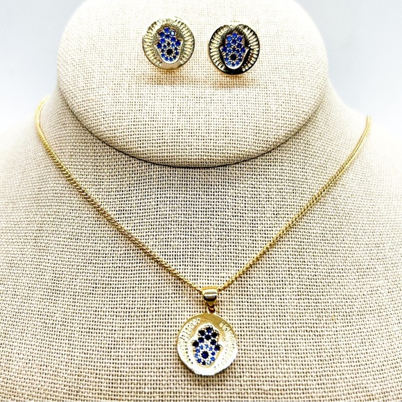 NWOT Hamsa Hand, Evil Eye Earring and Necklace with Charm set, Gold Filled 18" - Picture 2 of 14